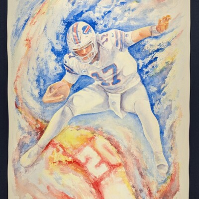 Josh Allen, quarterback for the Buffalo Bills, hurdling over a player on the opposing team