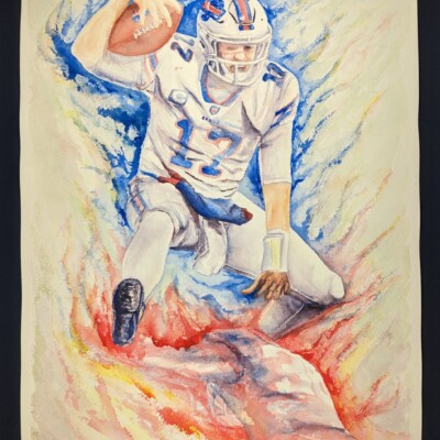 Josh Allen, quarterback for the Buffalo Bills, hurdling over a player on the opposing team