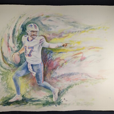 Josh Allen of the Buffalo Bills, unabashedly pointing at a defender as he rushes for a touchdown.