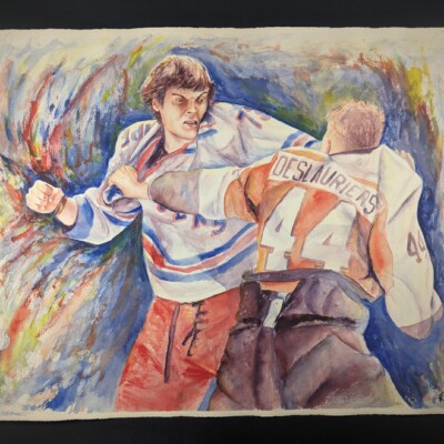 Matt Rempe of the New York Rangers fights Nicolas Deslauriers of the Philadelphia Flyers