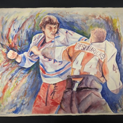 Matt Rempe of the New York Rangers fights Nicolas Deslauriers of the Philadelphia Flyers