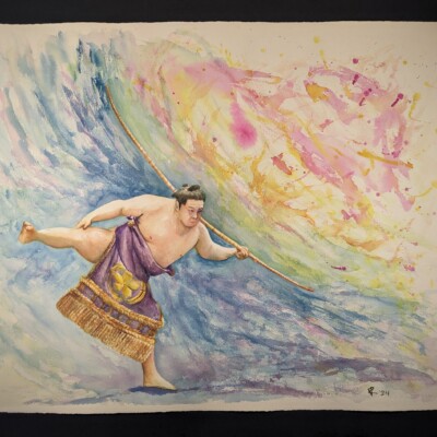 Satonofuji Hisashi performs the Bow Twirling Ceremony at the conclusion of a day in a sumo tournament.