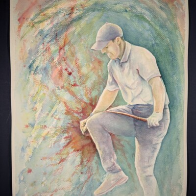 Professional golfer Rory McIlroy expresses his delight at missing an easy shot.