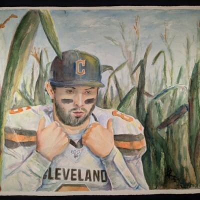 NFL quarterback Baker Mayfield hears a voice whispering that he should have played for the Cleveland Guardians instead of the Cleveland Browns