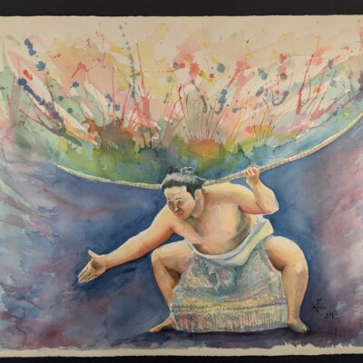 Juryo wrestler Enho performs the bow twirling ceremony