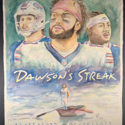 Dawson Knox of the Buffalo Bills with teammates Josh Allen and Stefon Diggs, as he contemplates that time he got 5 touchdowns in a row
