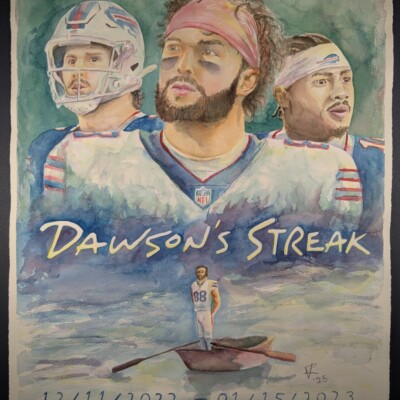 Dawson Knox of the Buffalo Bills with teammates Josh Allen and Stefon Diggs, as he contemplates that time he got 5 touchdowns in a row