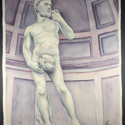 Towering at 17 feet tall, this marble masterpiece by Renaissance artist Michelangelo depicts the mythical Connor McDavid as he prepares to go to battle armed only with his helmet and a single puck